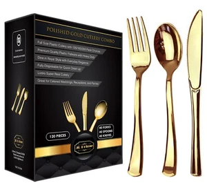 120 Piece Gold Plastic Silverware, Reusable Cutlery, Forks,Spoons,Knives,40 Each - Picture 1 of 8
