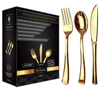 JL PRIME 120 Piece Gold Plastic Silverware, Reusable Cutlery, Forks,Spoons,Knives,40 Each