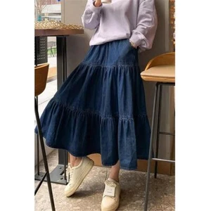Womens Elastic Waist Denim Long Tiered Skirt Fashion Blue Jeans Maxi Dress - Picture 1 of 6