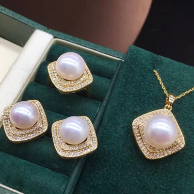 Precioso conjunto de anillos pendientes colgantes de perlas redondas blancas del Mar del Sur AAAA 11-12 mm 925s Foto 1 de 4