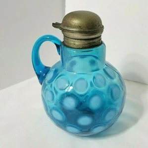 Münzpunkt Sirup Spender Vintage blau opalisierend Glas Krug Kruzifix Metalldeckel 6" - Bild 1 von 9