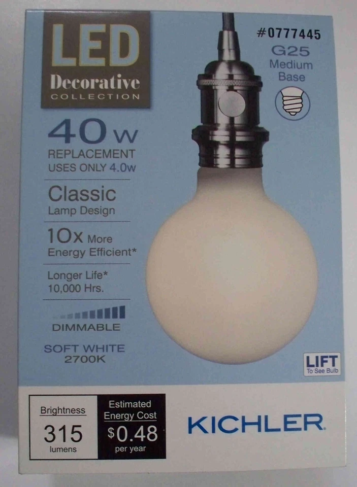 Kichler LED 40W/4W G25 Medium Filament-Soft White 2700K-Dimmable-513951-Save 2+ - Image 1 of 1