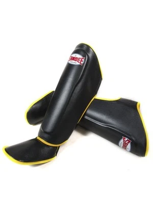 Sandee Muay Thai Leather Shin Guards Black Yellow MMA Kick Boxing Leg Protector - Image 1 of 4