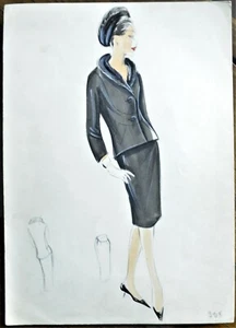 Sketch Original Painting - Mano Dress Fashion Years 50-60 Black Wool - Picture 1 of 2