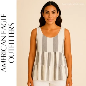 AMERICAN EAGLE OUTFITTERS Sleeveless White & Blue Stripe Ruffle Hem Top, S, NWT! - Picture 1 of 10