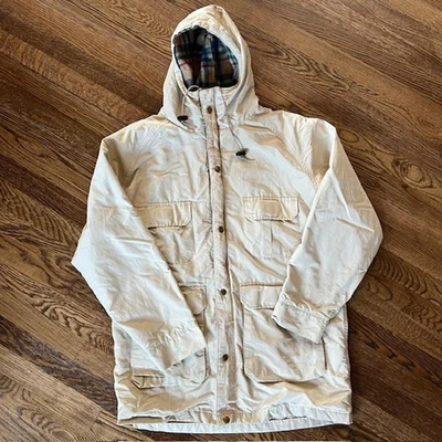 VTG Lands' End Wool Jacket Mens M Khaki Lined Hooded USA Parka Chore Barn Coat - Image 1 of 4