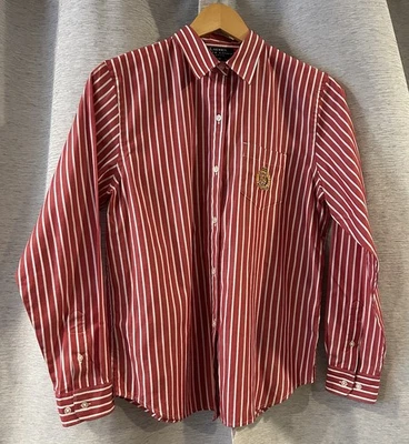 Lauren Ralph Lauren red striped long sleeve polo crest women Petite Medium - Image 1 of 4