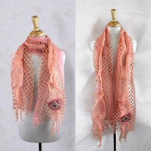 Soft Pink Mesh Sheer Scarf Flower Accent Fairycore Romantic Pretty Beaded Airy - Picture 1 of 5