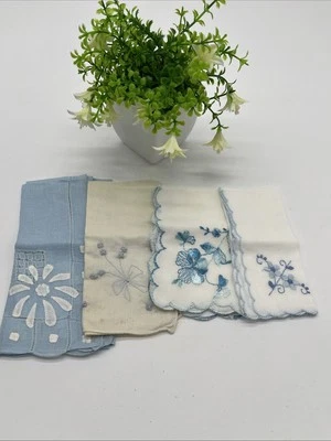 Vintage Ladies Hankies Lot Of 4 Cloth White Blue Embroidered Floral Spring Lace - Image 1 of 4