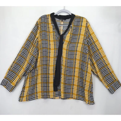 New Look Women 3X Yellow Black Houndstooth Plaid Blouse Long Sleeve Office - Image 1 of 4