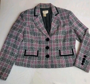 Chadwicks Tweed Blazer Velvet Trim Career Wear Jacket Size 16 Pink Gray Black - Picture 1 of 8