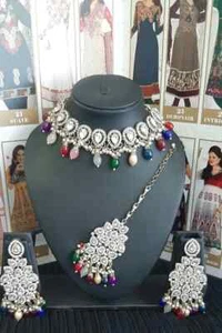 Indian Asain Gold Silver Necklace Earrings Tikka Jewellery Set - Picture 1 of 7