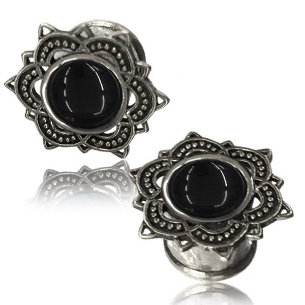 PAR TRIBAL PIEDRA ONXY LOTO LATÓN BLANCO (TONO PLATA) TÚNELES TAPONES MEDIDORES TAPÓN Foto 1 de 1