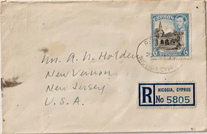 CYPRUS GEORGE VI 1947 REGISTERED COMMERCIAL COVER FROM NICOSIA TO NEW JERSEY USA - Picture 1 of 2