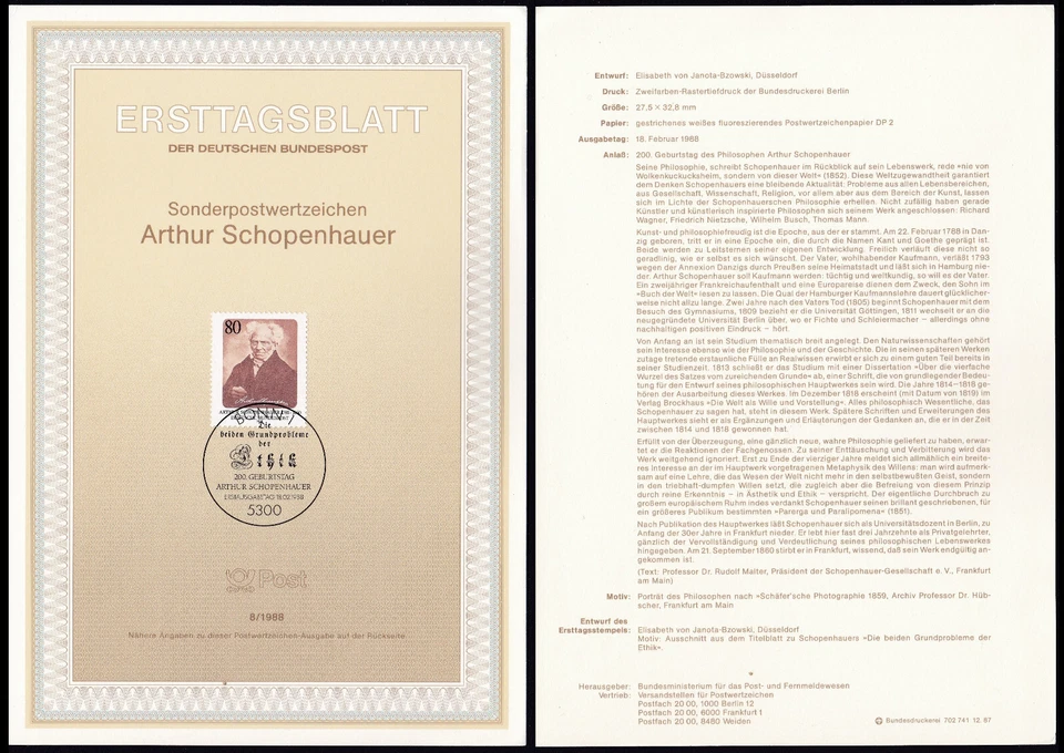 GERMANY 1988 First Day Card Michel 1357 ETB Sheet - Anniv Arthur Schopenhauer - Image 1 of 1