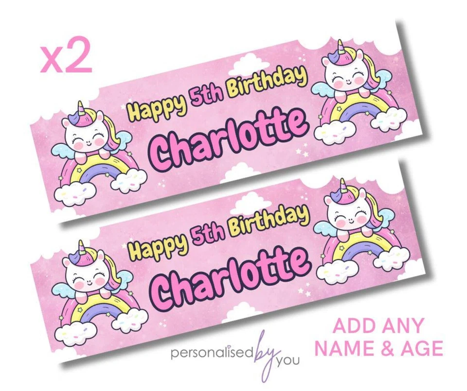 2x Banners de Cumpleaños TEMA UNICORNIO Personalizados GRANDES Póster Niños Añadir Nombre Foto 1 de 1