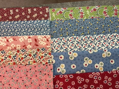 Lot 10 Cotton Fabric Scraps 30s-40's Repro 9" x 21" red blue - Image 1 of 4