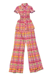 RAR Vintage 70er Jahre zweiteiliges Set Glockenboden und Oberteil hell bunt kariert Gr. XS - Bild 1 von 18