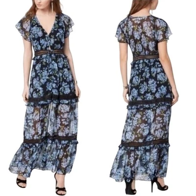 Maxi Vestido Disney Princesa Mulan Juegos con disfraces Azul Floral Volantes Nivel Crochet Fluido M Foto 1 de 4