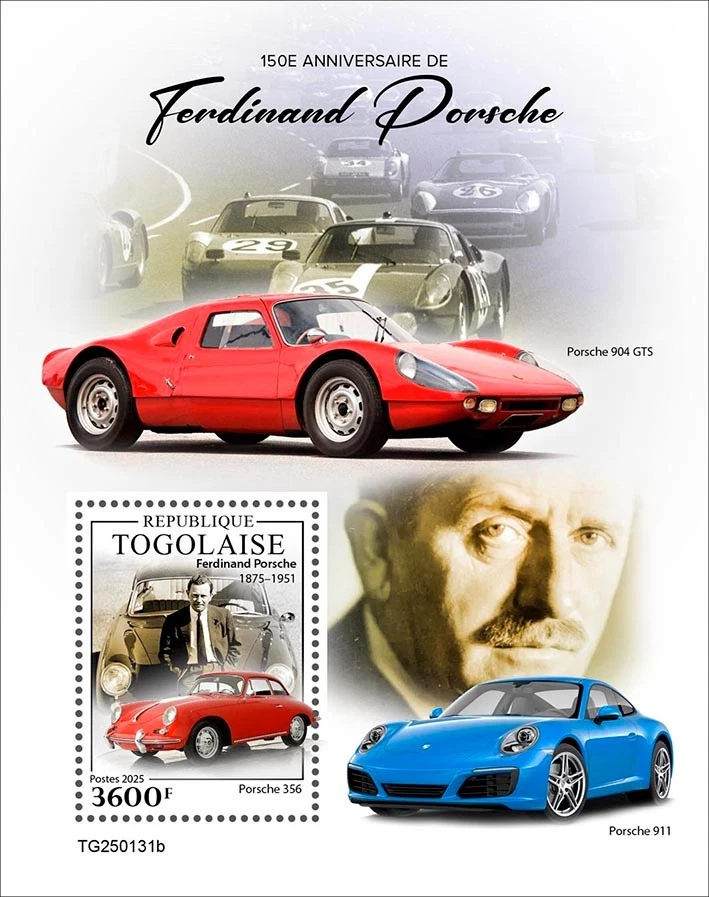 Ferdinand Porsche 150th Anniversary Cars MNH Stamps 2025 Togo S/S - Image 1 of 1