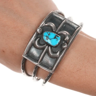 6.375" 50's-60's Native American silver triple shank turquoise cuff bracelet - Image 1 of 4