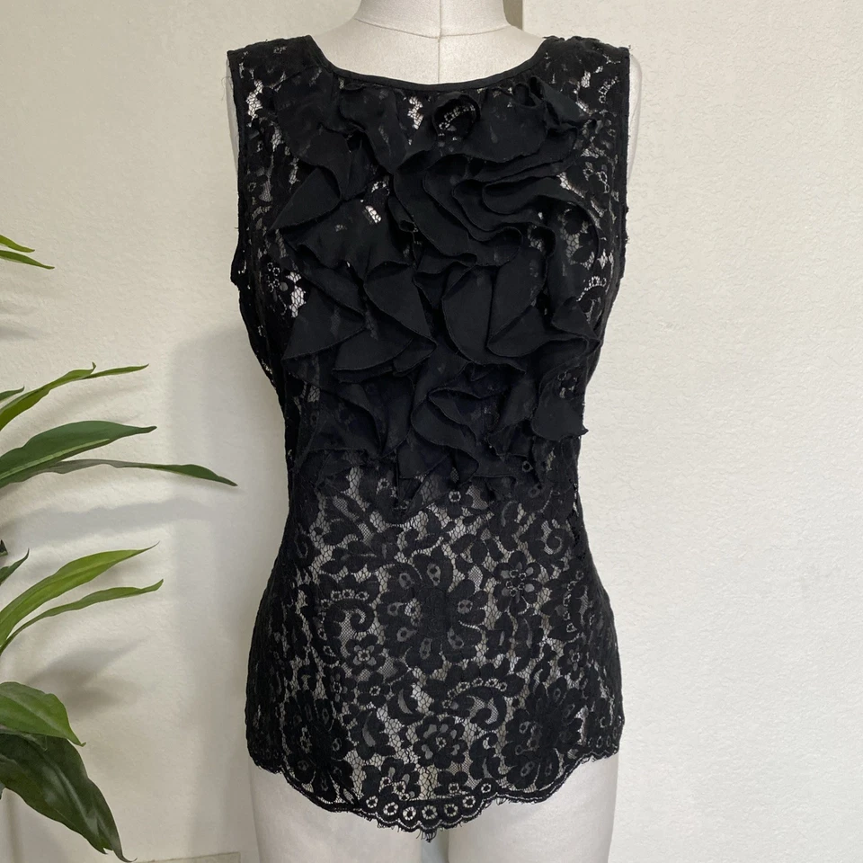 ECI NY Sheer Floral Black Lace Top Sz M 10 Sleeveless Ruffle Victorian Romantic - Image 1 of 4