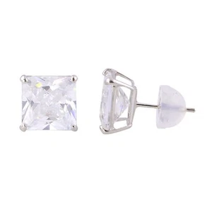 14k White Gold Princess Cut Square CZ Stud Earrings Basket Safety Silicone Backs - Picture 1 of 4