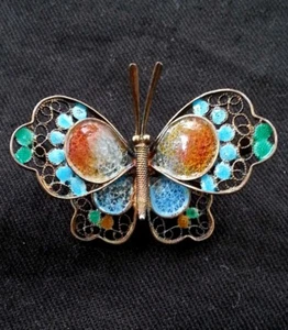 Antique German filigree enamelled butterfly brooch 800 silver - Picture 1 of 8