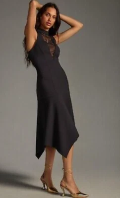 By Anthropologie Mock Neck Lace Inset Black Stretch Midi Dress XL - Image 1 of 4