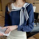 Cute Women's College Bowknot Tops Casual Loose Chiffon Long Sleeve Shirt Top New