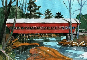 Puente cubierto Swift River, Conway NH. Tarjetas de notas de paisaje de acuarela coloridas - Imagen 1 de 2