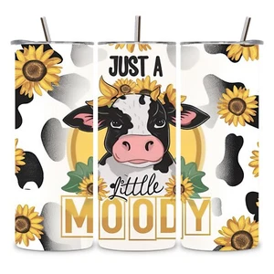 Moody Cow Sunflowers Bottle Coffee Cup 20oz Stainless Steel Tumbler Straw Lid - Picture 1 of 1