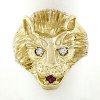Men's 14k Yellow Gold Eyes Open Lion Head Ring Sizes 7-13 Big 