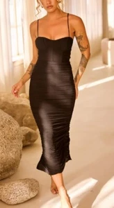 NEW TIGERMIST BLACK MESH RUCHED BUSTIER CORSET MIDI DRESS 10 14 - Picture 1 of 8