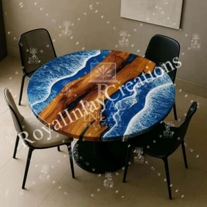 30" Round Ocean Resin Dining Table – Live Edge Wood & Wave Epoxy Art - Picture 1 of 9