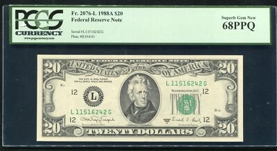 FR. 2076-L 1988-A $20 FRN SAN FRANCISCO, CA PCGS GEM UNC-68PPQ *FINEST KNOWN* - Image 1 of 2