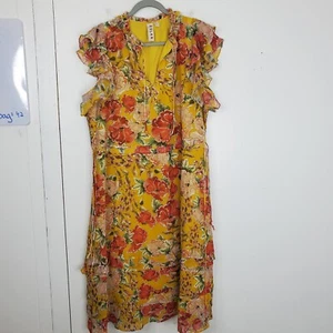 Dolan Kleid Damen L Seide Cinch Taille Rüschenbesatz bunte Blumen V-Ausschnitt - Bild 1 von 13