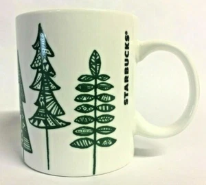 2015 Starbucks Kaffeetasse Becher 12 oz weiß grün Weihnachten Tannenbäume Natur - Bild 1 von 6