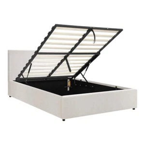 Oikiture Double Bed Frame Gas Lift Storage Base White Boucle - Picture 1 of 8