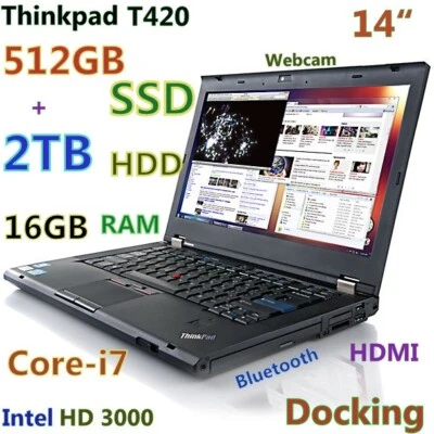 Lenovo Thinkpad T420 i7-2.7Ghz (512GB SSD + 2TB HDD)  16GB 14"  HDMI + Dock - Image 1 of 4