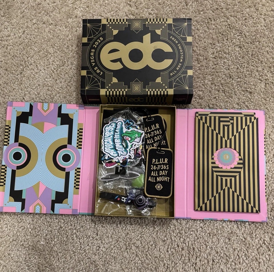 EDC Las Vegas 2025 Festival Swag Box - Book, Stickers, Luggage Tags, Keychains  - Image 1 of 4