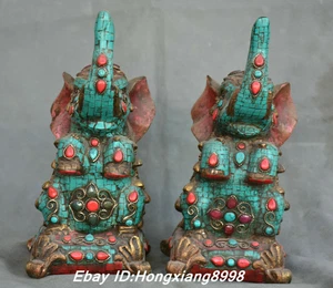 8.6" Old Tibet Bronze Turquoise Gem Fengshui Animal Elephant Luckly Statue Pair - Picture 1 of 12