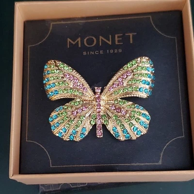 Broche Pin Mariposa Monet Aqua Púrpura y Cristales Verdes Tono Dorado Nuevo en Caja Foto 1 de 4