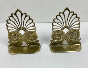 Vintage Solid Brass Art Deco Fan and Swirl Style Bookends 7" tall, 5.75" wide - Picture 1 of 14
