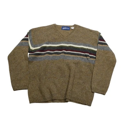 Vintage Express Bleus Sweater Adult Large Brown Wool Stripe V Neck 90s Pullover - Image 1 of 4
