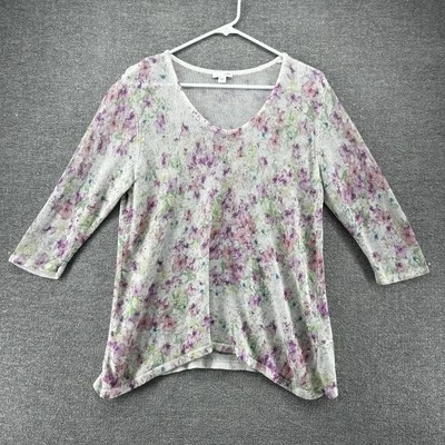 J Jill Sweater Pullover Women Size Medium Floral Linen Blend 3/4 Sleeve - Image 1 of 4