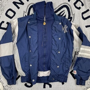 VTG 90s New York Yankees Windbreaker Full-Zip Hoodie YOUTH 14/16 Large Navy Blue - Picture 1 of 24