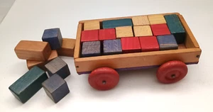 Vintage Czechoslovakia toy wood wagon with blocks small teddy bear or doll size - Picture 1 of 3