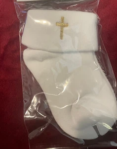 * FAITHFUL BLESSINGS * BAPTISM WHITE SOCKS WITH EMBROIDERED GOLD CROSS - Picture 1 of 2
