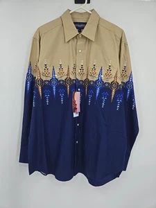 NWT Panhandle Navy South Western Border Long Sleeve Pearl Snap Shirt XL Rodeo - Picture 1 of 5